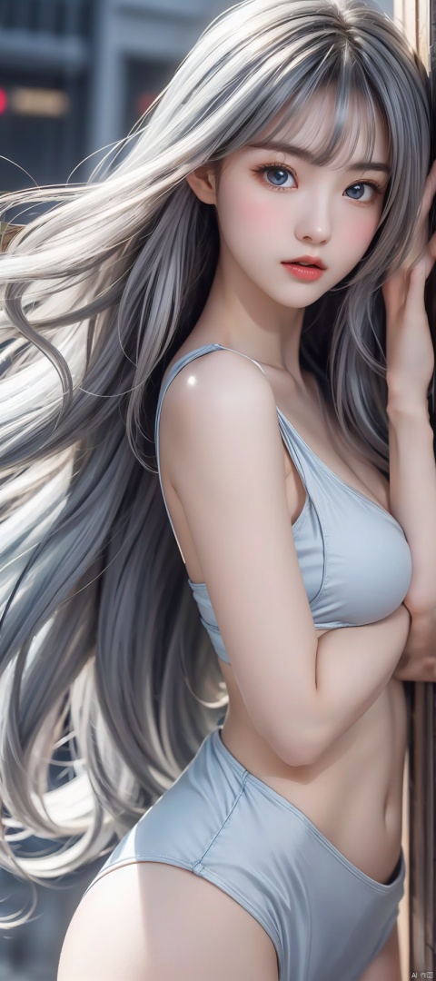 Shining, clear, white skin、Her windblown silver hair hides her beautiful face.、huge、Sexy beautiful face of 28 years old、Beautiful straight hair that stands out、growing up, Sparkling light blue eyes、Sexy long silky bangs covering the eyes, Sexy young woman with super long hair hiding her sexy face、Shining silver hair、(((Sexy Woman)))