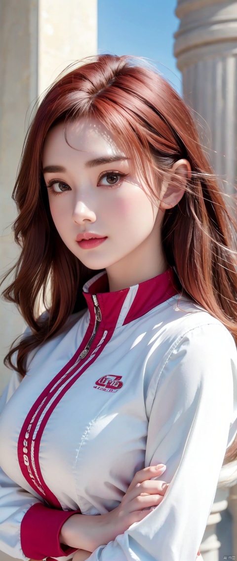 (((HD photo))), ultra high res.photorealistic:. 1.4, UHD, masterpiece, trending on artstation, portrait, upper body shot, 1girl, pretty, cute face, detailed face, most beautiful in the world, soft, delicate, (long red hair), large sagging breasts (wearing racing jacket), sunkissed, San Francisco bay, SFW:2