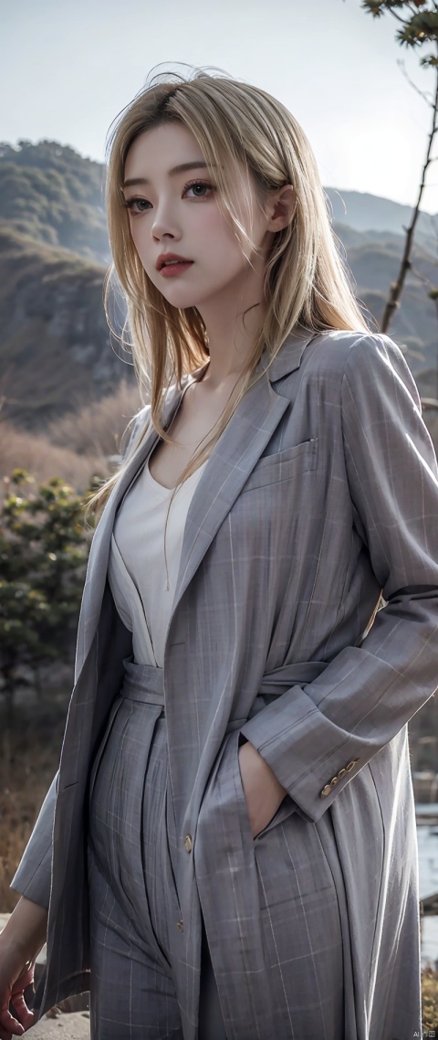 A sexy woman with long eyelashes, blond hair, clean face and plaid suits in a Japanese landscape. Seen from below