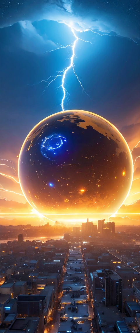 All golden,Left,Power Equipment,crystal clear,large sphere,Emit blue light,background with,future technology,cyberpunk city,Large mechanical building,big gear,doomsday ruins,giant tornado,strange sky,lightning thunder,sunset fire clouds,multiple planets,end of the world,giant tornado