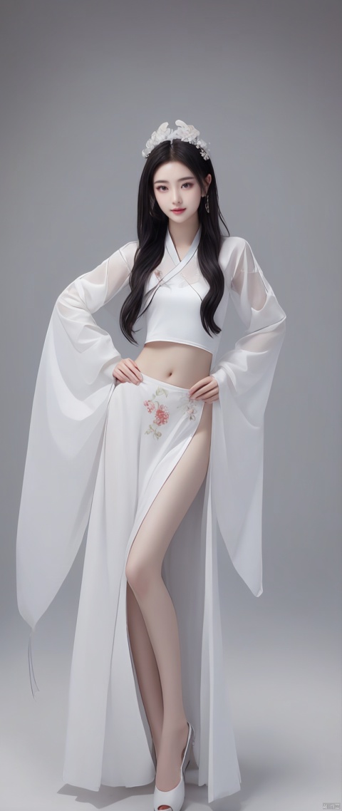 best picture quality,Very detailed,extremely high resolution,perfect body proportions,Works by top photographers。Beautiful Hanfu girl,long eyelashes,big eyes,shining eyes,lying silkworm,plump lips,small nose,a happy expression,Sweet,Exquisite makeup,full-body shot,snow White, Jade legs are thin and straight,snow white skin,White embroidered skirt,necklace,Expose long legs,lace,Sweet,long hair fluttering,best quality,masterpiece,full-body shot,facial focus,The bust is very prominent,thin waist,snow white belly,belly button,imagine,Seven part shoot model: hanfu, CFG scale: 7, Lola: future fashion(0.4)、rainbow(0.4)、martial arts(0.2)、Asian face woman-2(0.4)、poetic fairy tale(0.01)