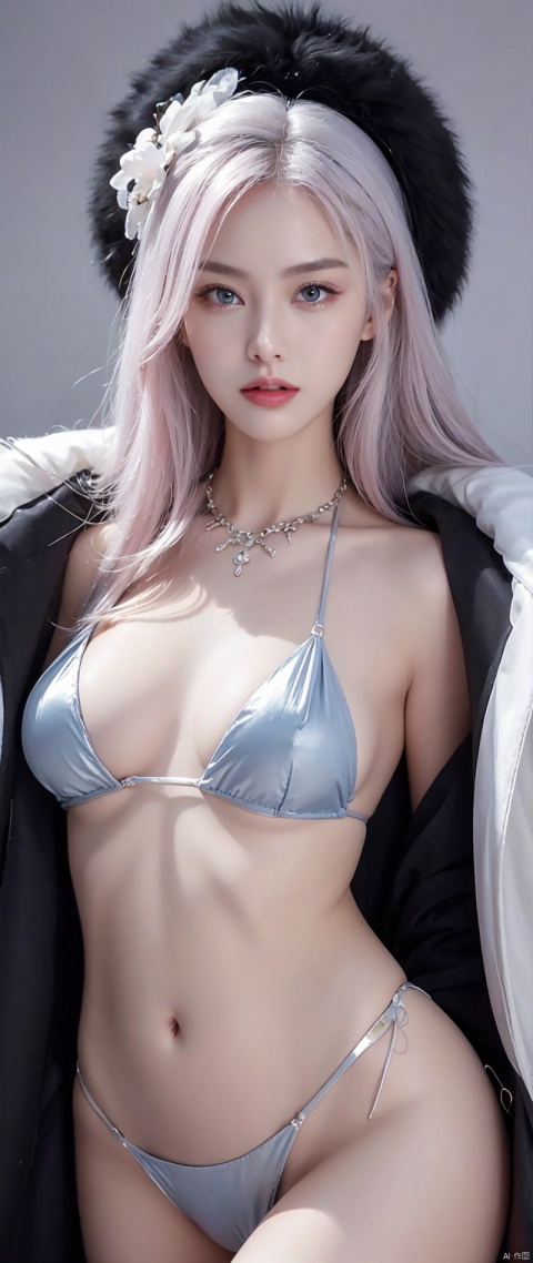 photorealistic, high resolution, 1women, shining skin, solo, jewelry, pink lips, long white hair, blue eyes, closed mouth, hips up, black fur coat, zixia