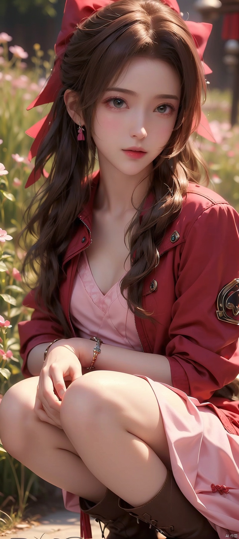 (masterpiece:2.0), solo, ((((aerith gainsborough, red cropped jacket, hair bow, bracelet, pink dress, brown boots)))), , from_side, cowboy shot, squatting with knees close together,flower , (finely detailed:1.7), (beautiful and clear background), ((outdoors, A beautiful garden bursting with flowers of various colors)) , (shiny_skin:1.3), nice hands, perfect hands, smile, , extremely and best quality, extremely and ultra detailed, beautiful detailed eyes, Very detailed CG unified 8k wallpaper, extremely detailed CG unity 8k wallpaper, extremely detailed CG unity 8k, extremely delicate and beautiful girl, ultra-detailed, (perfect anatomy), (high detail), (high quality), (high resolution), (beautiful detailed face), (ultra detaild background), beautiful and clear background,aerith gainsborough, aomei