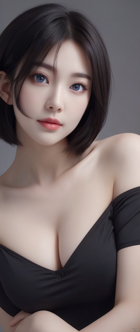 Skin Tight Black Top:1.2, Looking at Viewer, Cinematic lighting, Perfect, softlight, High resolution skin:1.2, Realistic skin texture, Realistic face, off shoulders,Bust B Cup、 Exposed cleavage, Blue eyes, Short hair, dark brown  hair、Gray background