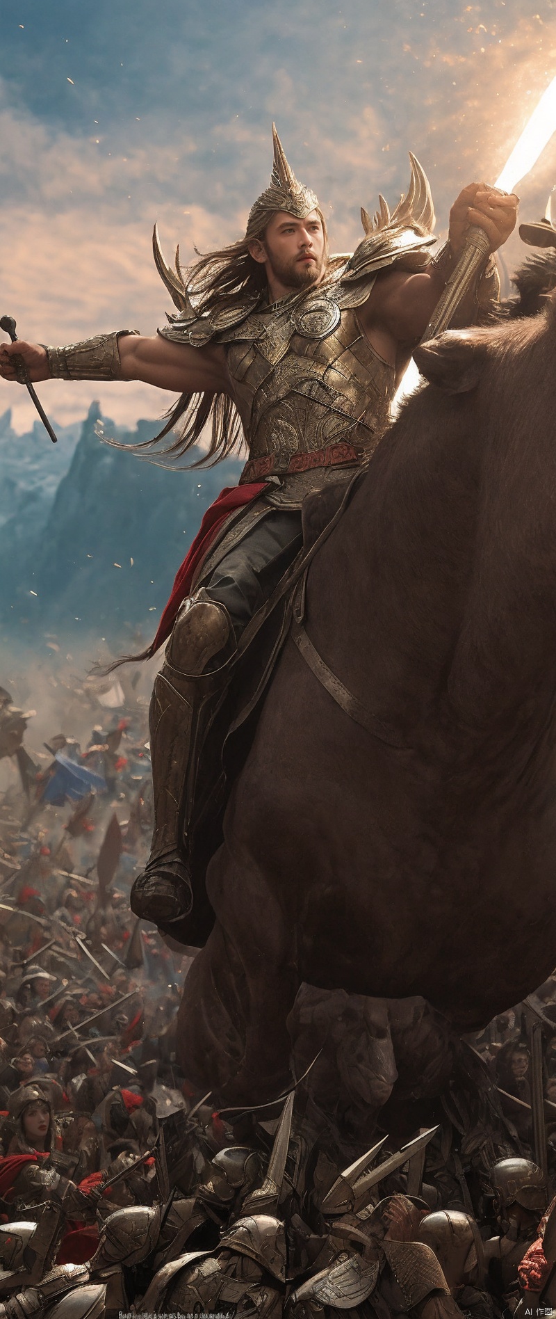 Odin leading the gods and warriors of Asgard in the epic Battle of the End Times. His hammer Mjölnir shines with a divine light, while colossal creatures and armies face each other.