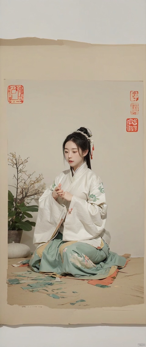  Chinese traditionallandscpae with anoff white background with a light gray thinines texturewith old paper texture featuringchinese art,Song dynasty, Xuan paper, Goofy.Solitary cloud, Sit alone, JingtingMountain,Never get tired of it, Look at eachother