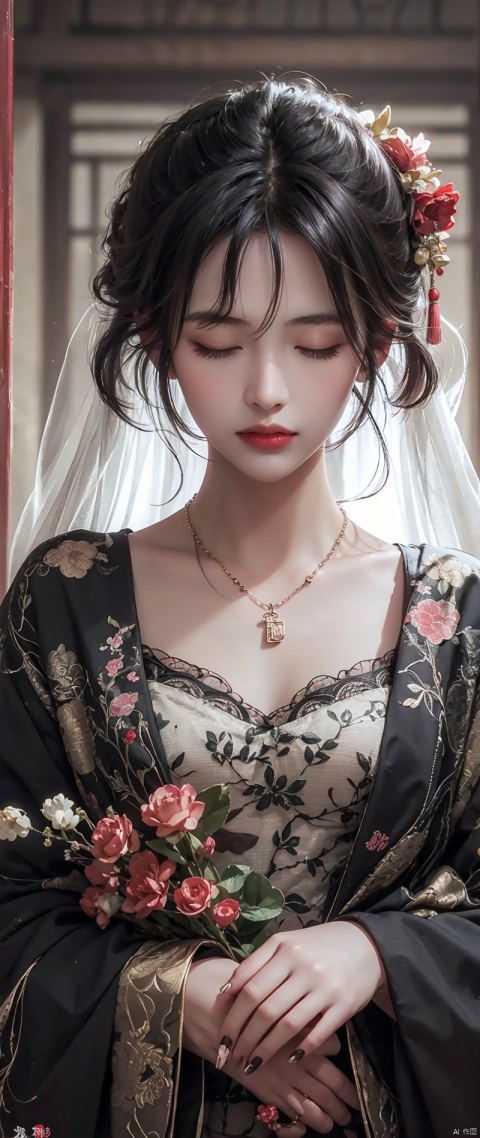 masterpiece, 1girl, nail_polish, jewelry, necklace, black_hair, closed_eyes, solo, dress,black_hair, ancient art, chinese, flowers

