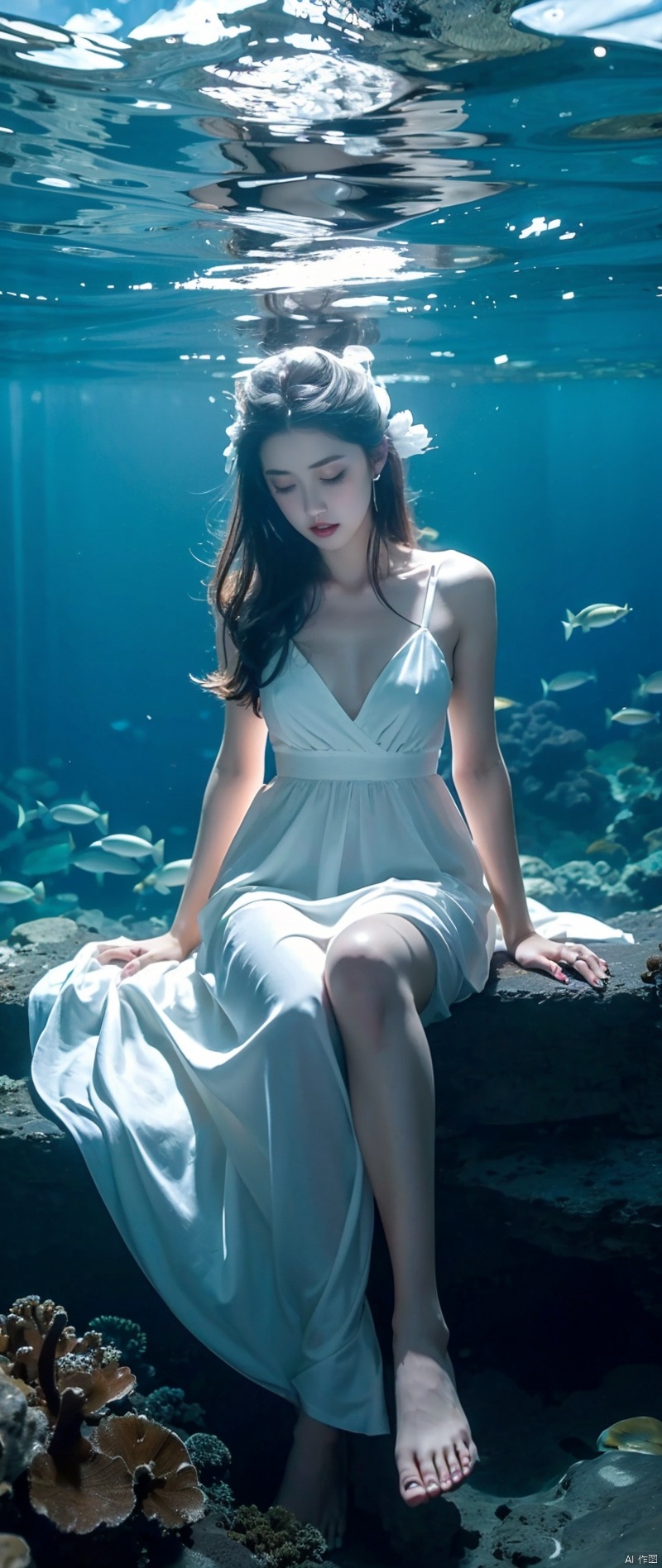 ((Superior quality, 16k, masterpiece)), (Beauty, 1 girl, sleeping at the bottom of the sea, dark maritime scenery, white dress)., aimeibo