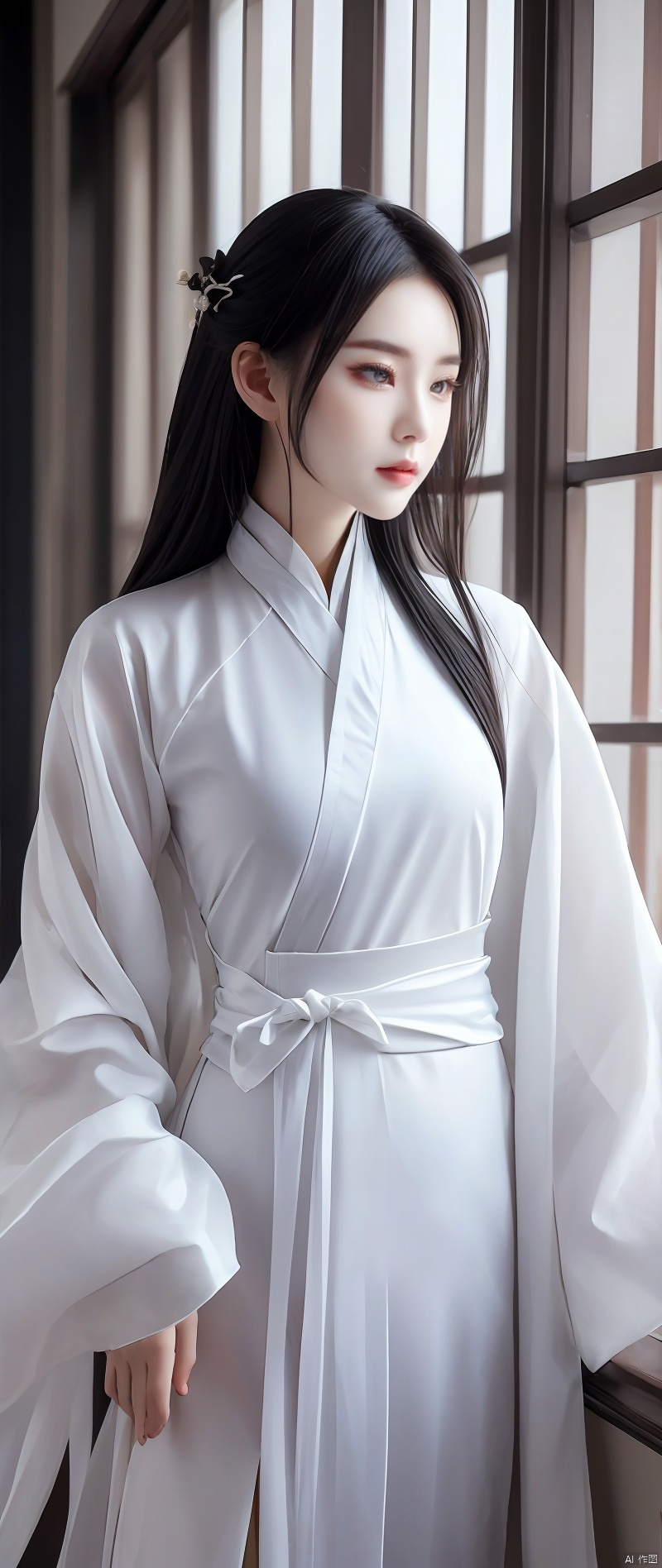 The Alavid woman in a white robe looked out the window, Palace , A girl in Hanfu, White Hanfu, Hanfu, inspired by Gu An, Wearing ancient Chinese clothes, with acient chinese clothes, Chinese girl, Inspired by Tang Yifen, inspired by Zhu Derun, Traditional beauty, Inspired by Qiu Ying, inspired by Zhang Yan