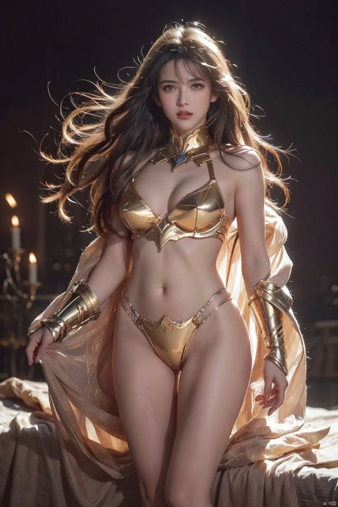 Ultra-high saturation（tmasterpiece）, fully body photo,（best qualtiy）, （1girll）, Wearing shiny gold armor, Sexy lingerie type armor,Expose your chest,Expose the waistline,Exposing thighs,cool-pose, Saint Seiya Armor, messy  hair,high detal, Anime style, Cinematic lighting, Sparkle, god light, Ray traching, filmgrain, hyper HD, textureskin, super detailing, Anatomical correct, A high resolution,Ultra-high saturation,hight contrast,High-gloss armor,Smooth skin,An insidious sneer,realisticlying,（tmasterpiece,top Quority,best qualtiy,offcial art,Beauty and aesthetics：1.2）,The is very detailed,s fractal art,Extremely colorful,full-body portraits, stunningly beautiful, dynamicposes, delicated face, Vivid eyes,