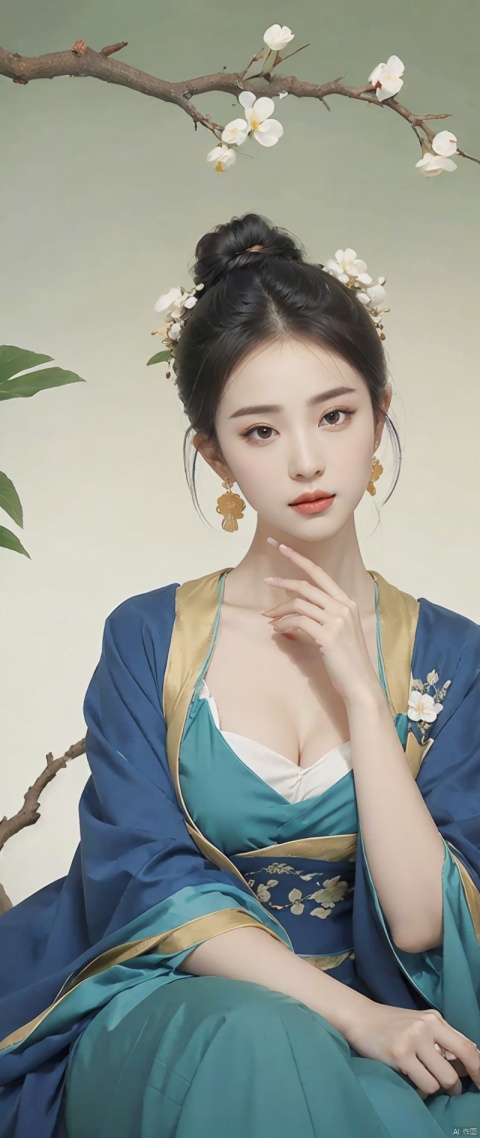  a woman in a blue dress sitting on a tree branch with a bird flying over her head and a bird flying over her head,1girl,hanfu,hair ornament,black hair,long sleeves,chinese clothes,shawl,holding,jewelry,solo,long hair,full body,dress,tassel,earrings,tree,forehead mark,wide sleeves,breasts,hair stick,flower,hair bun,green dress,cleavage,bird,closed mouth,norfleet,Best quality,masterpiece,ultra high res, chinese clothes, yunv,feng, jiajingwen