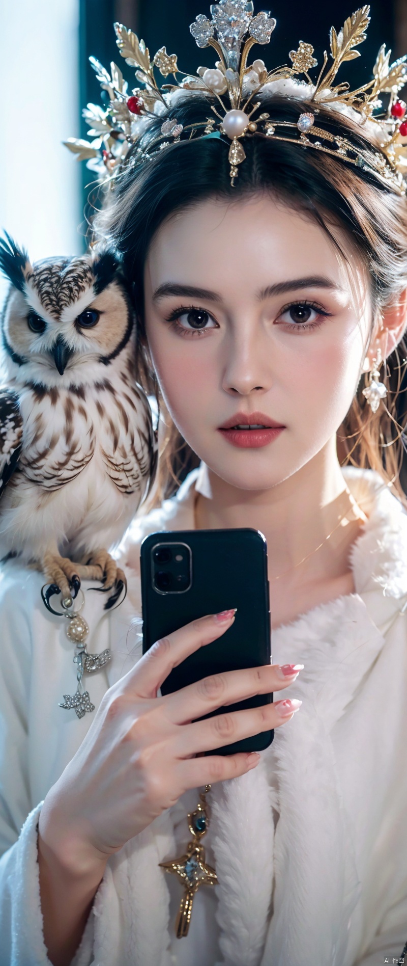 a close up of a person holding a owl on a cell phone, pale snow white skin, white witch, anna nikonova aka newmilky, with an owl on her shoulder, winter princess, 4k hd. snow white hair, beautiful animal pearl queen, karol bak of emma watson nun, owl crown, queen of winter, owl princess with crown, molika