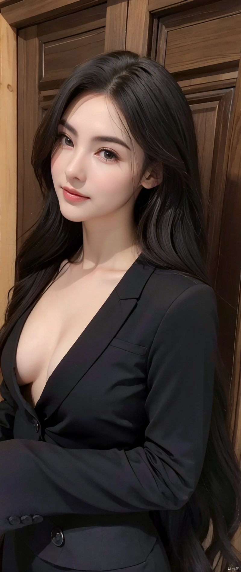 1 mulher adulta, cabelo comprido, cabelo cacheado, cabelo cor preto, pele suave, olhos castanhos, sorrir, vegetation, Occasional, Businesswoman style clothes, blaser marrom claro, realista, com fundo em um restaurante chique, 8k super realista, super detalhado e realista