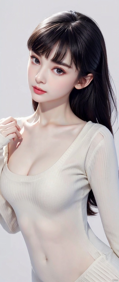 （lifelike,high resolution：1.3）, A slim girl, The face shape and eyes are super delicate,black hair,red glossy lips,(pretty face), (best quality), (super detailed), (Extremely detailed CG unified 8k wallpaper),((tight sweater)),(White background),(A little cleavage),(model photos),sexy look,big eyes,(Permanently installed),(air bangs),(slim waistline),eyes on the audience,Teardrop-shaped breasts,Soft breasts,very realistic breasts,Character centered,Cross your hands on your chest