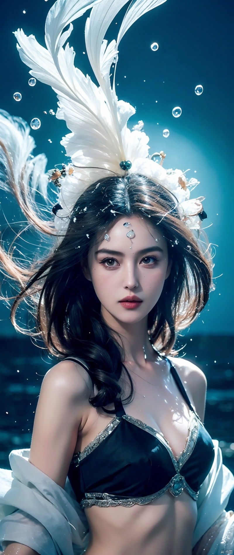 (Masterpiece, Top Quality, Best, Official Art, Beautiful and Aesthetic, Long Exposure), Smooth Movement, Fascinating Patterns, 1 Girl, ***** Russian Woman, Freckles, Jade Eyes, Black Lob Hair, Portrait, Solo , upper body, gaze at observer, detailed background, detailed face, (crystallineAI, crystalline theme:1.1), elemental water sprite, spinning water, controlling water, fantasy magician clothes, dynamic pose, floating particles, ethereal dynamics, water , steam, ocean in the background, blue tones, coast, ethereal atmosphere,