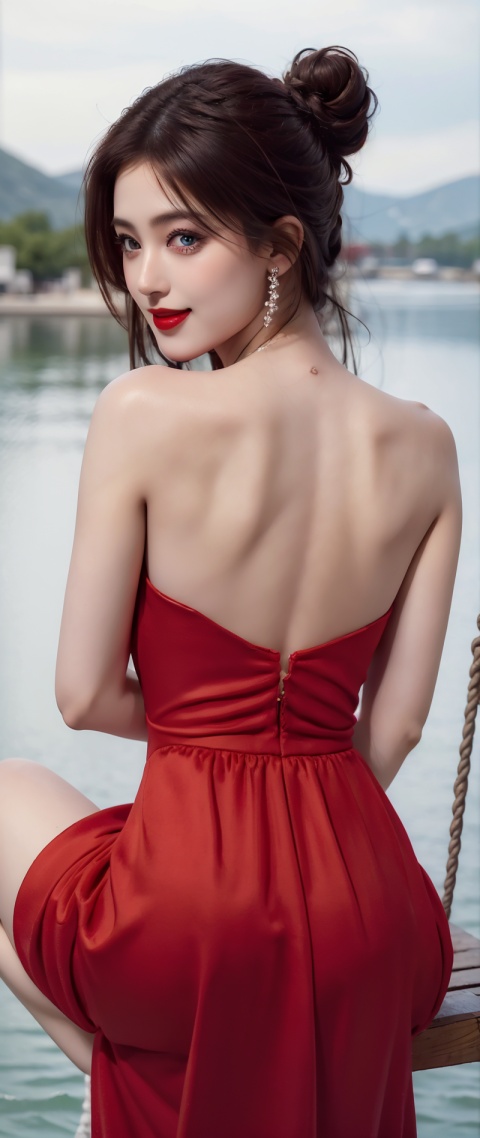  1girl,solo,full body,sitting,(swing:1.3),brown hair,bare back,(red Long Dress:1.2),backless dress,jewelry,(smile:1.3),shy,blush,Sexy,hair bun,plant,(flower:0.7),from behind,back,red lips,water,scenery,reflection on the surface of the water,(8k, 4k, best quality, highres:1.1),realistic,photorealistic,magazine cover,(illustration),(masterpiece),detailed,clear sharp focus,cinematiclighting,(realistic, photo-realistic:1.1),beautiful face,intricate,highly detailed,digital photography,(masterpiece, sidelighting, finely detailed beautifuleyes:1.2),hdr,physically-basedrendering,professionallighting