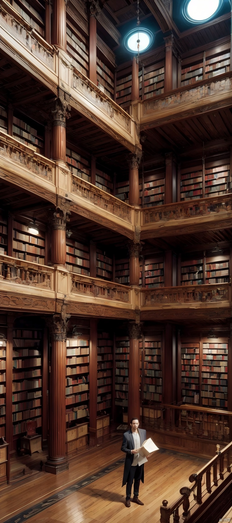 arafed image of a man standing in a library with books, endless books, borne space library artwork, books cave, fantasy book illustration, spiral shelves full of books, infinite celestial library, an eternal library, gothic epic library concept, magic library, japanese sci - fi books art, beeple and jean giraud, books all over the place