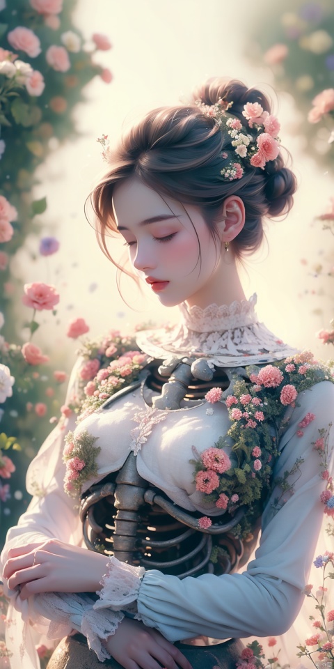 Girl in the garden,illustration,detailed flowers,Best quality,A high resolution,Ultra-detailed,Realistic,Intricate details,Soft lighting,Vibrant colors,Bokeh,Peaceful atmosphere,Tranquil Mood,serene environment,The harmony between nature and human existence