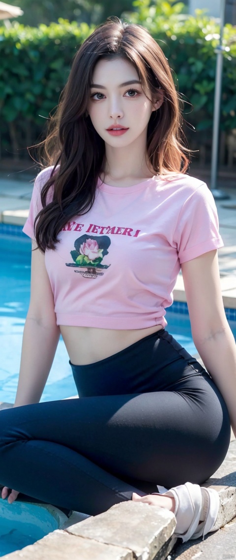 (hyperrealistic), (illustration), (high resolution), (8K), (extremely detailed), (best illustration), (beautiful detailed eyes), (best quality), (super detailed), (masterpiece), (wallpaper), (detailed face), solo, 1 girl, white wavy hair, korean, heterochromic eyes, small moles under the eyes, pink t-shirt top, black yoga pants underneath, long legs, tight abs,  leakage chest, pool background, greenery