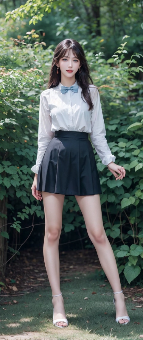 A cute girl, 20 years old, light blue eyes, black hair, long bohemian hairstyle, wearing (sky blue) short skirt skirt skirt and shirt, in a dark, mysterious forest, twisted branches and creeping vines, front picture, earrings, bow tie, noon, cinematic lighting, ((masterpiece)), (best quality), (high resolution), original, extremely detailed 8K, (realism: 1.4), flawless face, perfect eyes, symmetrica body type, (full body), smile, White stockings