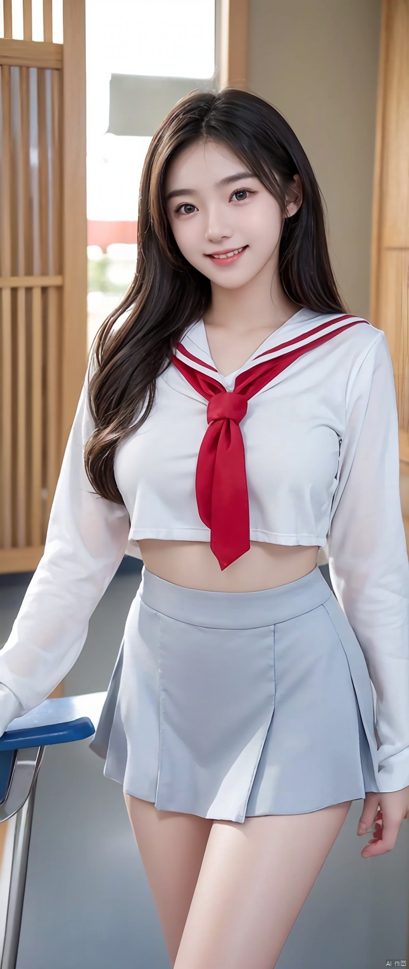 (masterpiece, highest quality:1.2), 8K, young beautiful girl, 85mm,Official AR RAW photo, baby face、clothed big breasts、show me your ears、photo shoot, cute face, thighs, After school classroom, looking at the viewer, embarrassing、smile、no makeup, film grain, chromatic aberration, sharp focus, face light, clear lighting, Ten generations, detailed face, background bokeh、((((((16 year old high school girl))))))、thin waist、sailor suit、not wearing a skirt、pubic hair、vagina