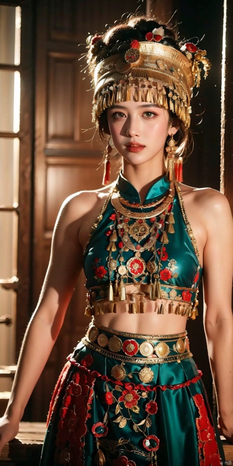 （8k,RAW photos,best quality,masterpiece：1.2））35mm,Ultra high detail,professional lighting,best quality,ultra high resolution,Visually stunning,（1girll：1.1）,（Miao costume and headgear）,real human skin,（Perfect body 1.3）super delicate face。