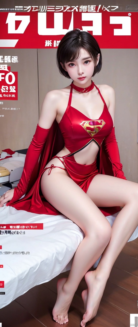 masterpiece,supergirl costume, short hair, barefoot, big and full breasts,operating room、operating table、straddle、Such sweat、shiny、look at the camera、provocation、Estrus、choker、Weekly magazine cover、long sleeve、red mini skirt、obscene pose、Seduce