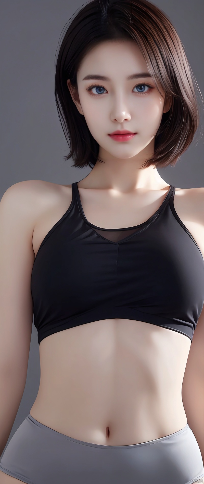 Skin Tight Black Top:1.2, Looking at Viewer, Cinematic lighting, Perfect, softlight, High resolution skin:1.2, Realistic skin texture, Realistic face, off shoulders,Bust B Cup、 Exposed cleavage, Blue eyes, Short hair, dark brown  hair、Gray background