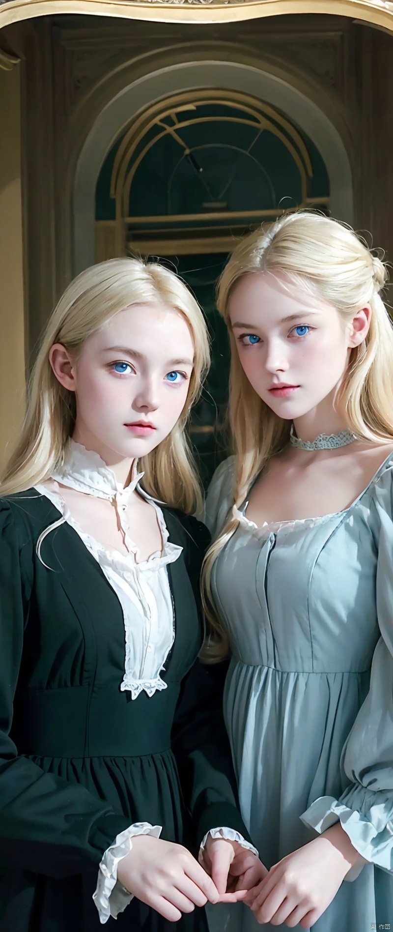 two girls, (Virginia Otis, 15 years old (blond hair, blue eyes)) pose with (16 years old Georgie Gerald (blond hair, green eyes)). Victorian style. thin, cute face, walks at night in Canterville Castle (inspired by the novel The Canterville Ghost). aged 1887, Victorian fantasy