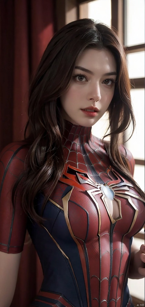 Beautiful woman detailed defined body using spider man cosplay, big breasts