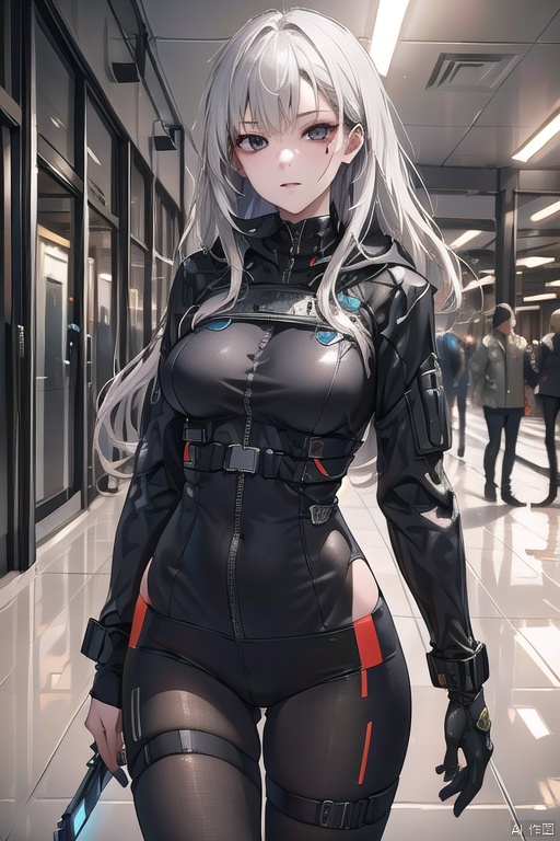 (absurdres, highres, ultra detailed), 1woman, mature female, aged up, wavy long hair, white hair, black eyes, bangs, long sleeves, finely detailed eyes and detailed face, extremely detailed CG unity 8k wallpaper, intricate details, portrait, looking at viewer, solo, (full body:0.6), detailed background, detailed face, (matrix theme:1.1) evil high-tech futuristic hacker,  advanced technology, hoodie, techwear, wearable device, keycard, cables, head-up display, blue (holographic display:1.05), access granted,   cybersecurity, server room in background, orange lights,  dark sinister atmosphere, , portrait, wind swirling