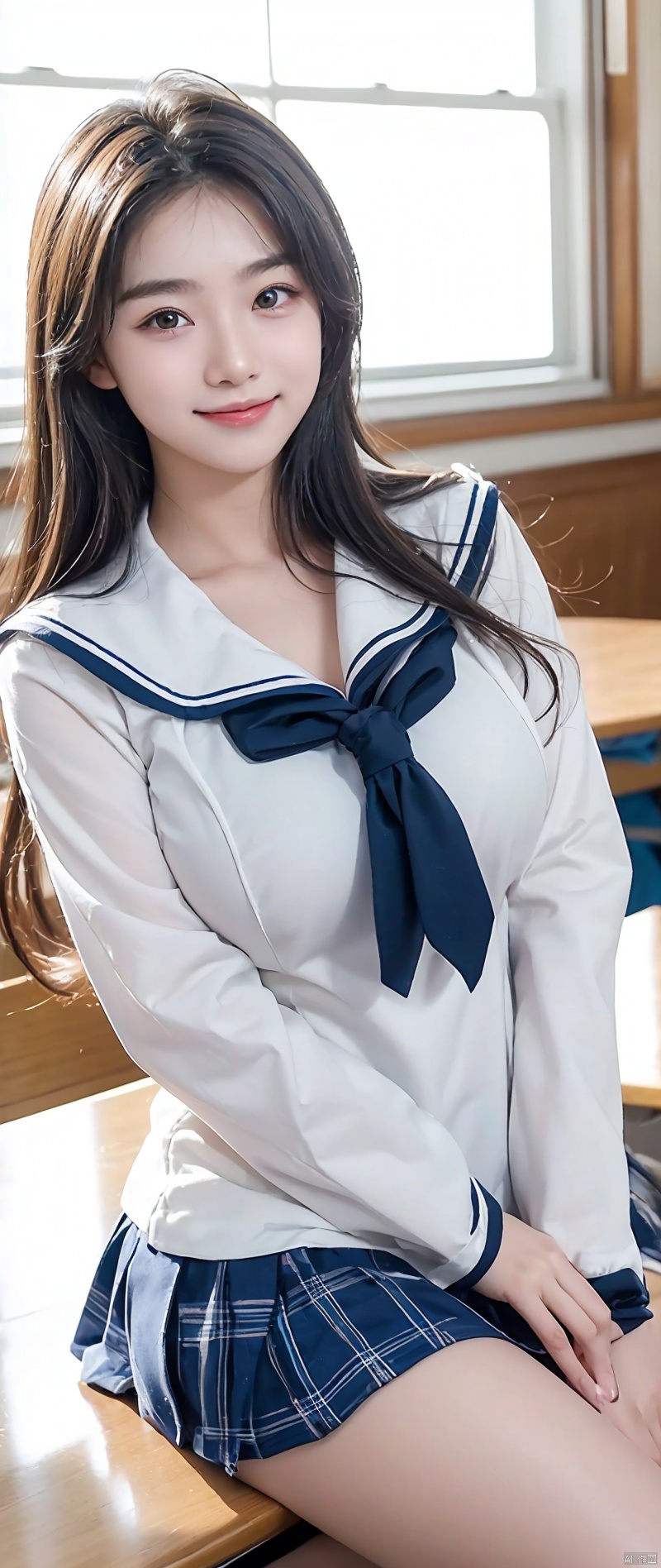  (masterpiece, highest quality:1.2), 8K, young beautiful girl, 85mm,Official AR RAW photo, baby face、clothed big breasts、show me your ears、photo shoot, cute face, thighs, After school classroom, looking at the viewer, embarrassing、smile、no makeup, film grain, chromatic aberration, sharp focus, face light, clear lighting, Ten generations, detailed face, background bokeh、((((((16 year old high school girl))))))、thin waist、sailor suit、not wearing a skirt、pubic hair、vagina
