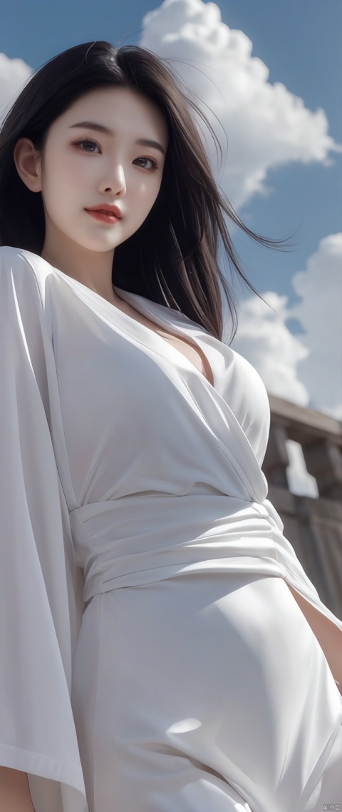 Chiaroscuro, Cinematic lighting, A high resolution, Best quality, 4K, High quality, High details, Super detail, Masterpiece,with blue sky and white clouds,youthfulness,tall nose bridge,Raised sexy,longblackhair,Girl,ssmile,adolable,robe,palaces