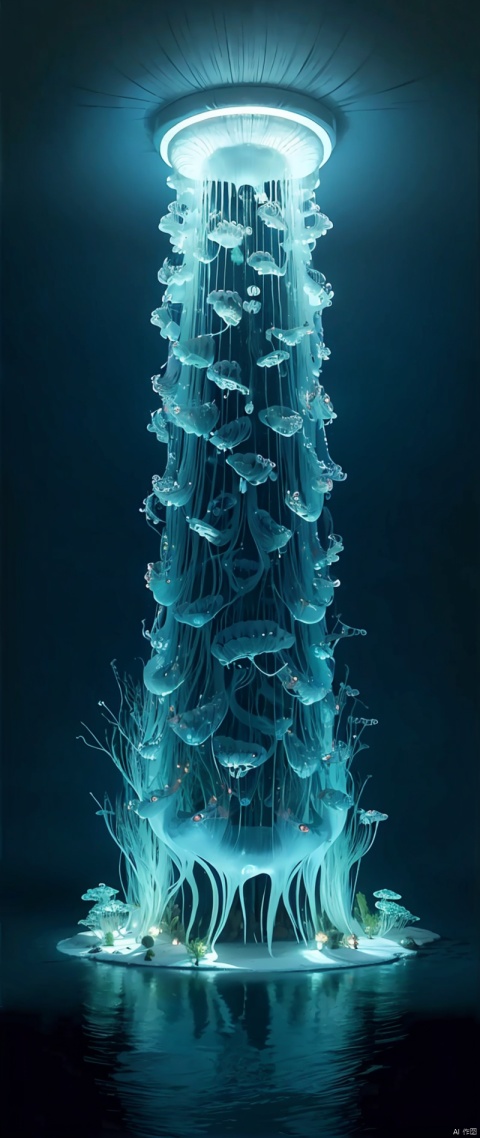  A city made of jellyfish, extraterrestrial jellyfish, space jellyfish, (best quality,4k,8k,highres,masterpiece:1.2), ultra-detailed, (realistic,photorealistic,photo-realistic:1.37), vibrant colors, surreal lighting, surreal atmosphere, glowing tentacles, transparent bodies, floating in the sky, underwater structures, bioluminescent organisms, dreamlike surroundings., net building