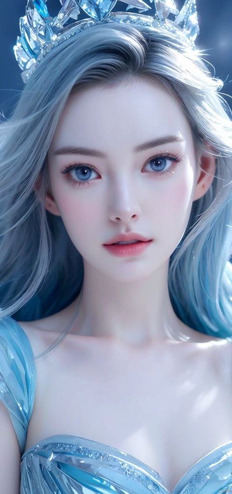 Close-up of a woman in a blue dress and crystal headdress, Ice Princess, Ice Queen, ice sorceress, queen of ice, female made of ice, closeup fantasy with water magic, gorgeous digital art, crystallic, Exquisite digital illustration, 🌺 CGSesociety, Ethereal beauty, icy, cgsociety 8k, cgsociety 8k