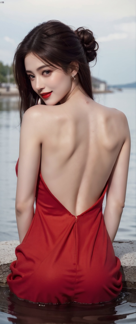   1girl,solo,full body,sitting,(swing:1.3),brown hair,bare back,(red Long Dress:1.2),backless dress,jewelry,(smile:1.3),shy,blush,Sexy,hair bun,plant,(flower:0.7),from behind,back,red lips,water,scenery,reflection on the surface of the water,(8k, 4k, best quality, highres:1.1),realistic,photorealistic,magazine cover,(illustration),(masterpiece),detailed,clear sharp focus,cinematiclighting,(realistic, photo-realistic:1.1),beautiful face,intricate,highly detailed,digital photography,(masterpiece, sidelighting, finely detailed beautiful eyes:1.2),hdr,physically-basedrendering,professionallighting,汉服,唐风Naked,masterpiece, best quality, delicate face, (pretty girl), chalkboard, smile, glasses, perfect figure, Slim figure,(black hair), big breasts, huge breasts, chest tightness, backlight, ((delicate facial features)), delicate hairstyle, super fine, attention to facial details, ((extreme details)), masterpiece, perfect, first-class, highlights, bright and colorful tones, 3D, high resolution, cleavage, lying down, Lying bustup shot,Naked