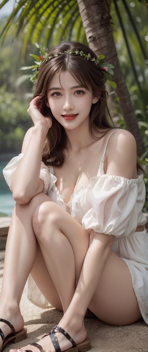  Alva, short brown hair, brown eyes
green jewelry, short puffy sleeves, white dress, shorts, headpiece, sandals, red sash, 
upper body, solo, smile, sitting, 
tropical forest, beach, village, 
(insanely detailed, beautiful detailed face,beautiful detailed eyes, masterpiece, best quality), sufei