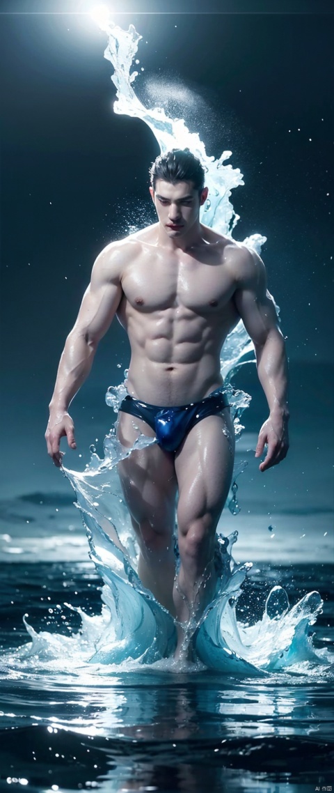 4k realistic, (water elemental, humanoid body made out of water:1.2) sapphire aesthetic, full body, sky background, fantasy art, being made of water, water body, water monster, male, male elemental, masculine