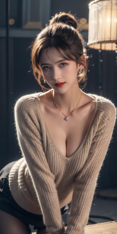  1 girl,smile,solo,blue eyes,Large breasts, red lips,light grey,brown sweater,V-neck,brown sweater,black flesh_pantyhose,diamond necklace,diamond earrings,skin details, (masterpiece, best quality, ultra high res, photorealistic, realistic, real person, photograph), (amazing, finely detail, an extremely delicate and beautiful, sharp focus),photography, neon lights, atmospheric perspective, looking at viewer, a