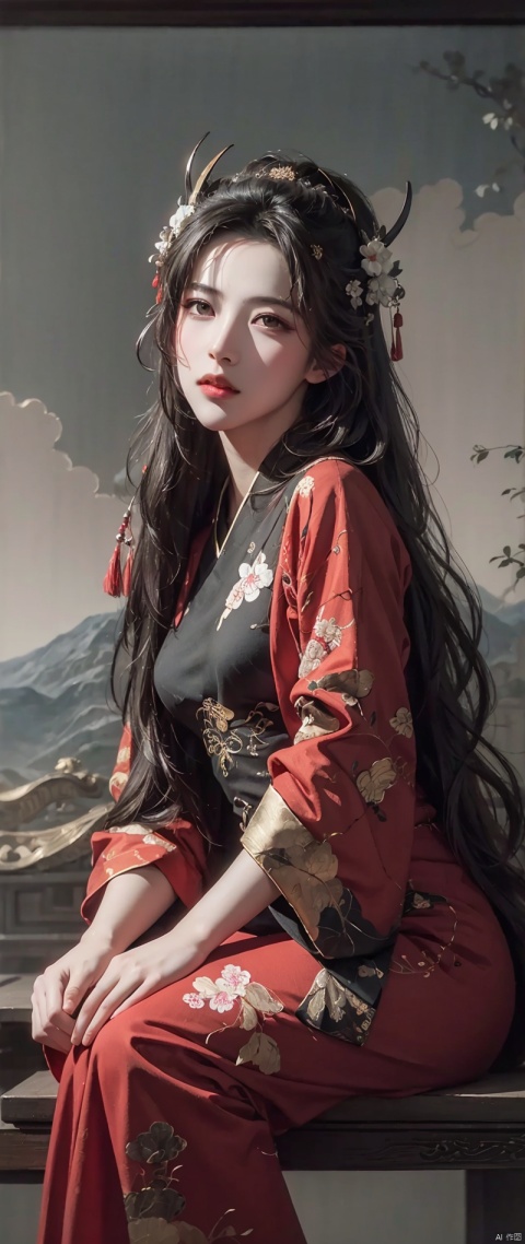  best qualtiy,tmasterpiece,（oil painted：1.5）,A woman with long black hair,Exquisite facial features,head gear,Sit in front of a Chinese landscape painting,Red dress,（Amy Saul：0.248）,（Stanley Ategg Liu：0.106）,（a detailed painting：0.353）,（Renaissance classical oil painting style：0.8）, Ink scattering_Chinese style