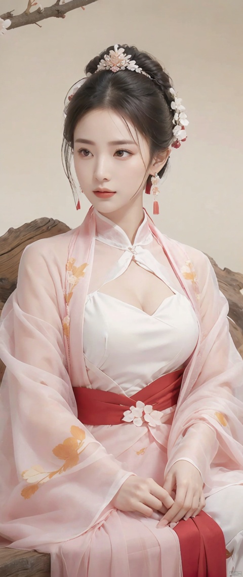 A woman in a white dress sits on a branch, a bird flies over her head, a bird flies over her head, 1 girl, hanfu, hair accessories, black hair, long sleeves, chinese clothes, shawl, holding , jewelry, solo, long hair, full body, dress, tassel, earrings, tree, forehead mark, wide sleeves, breasts, hair stick, flower, bun, pink dress, cleavage, bird, closed mouth, norfleet, best quality, masterpiece , super high resolution, Chinese clothes,