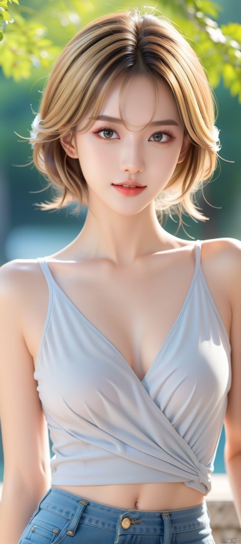 UHD, masterpiece, perfect eyes, textured skin, high details, best quality, fulll body shot, (wearing casual clothes)), (1GIrl, very short blonde hair), brown eyes, sexy, beautiful,
