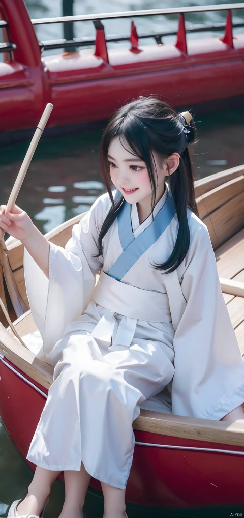 (Masterpiece),(Need),(Super meticulous),(Entire body:1.2),（A little boy：1.3,Laugh,White Hanfu,with long black hair,Sit in a small boat,The boat is rafting on the water),（backdrop：Yangtze,mountain,）chibi,