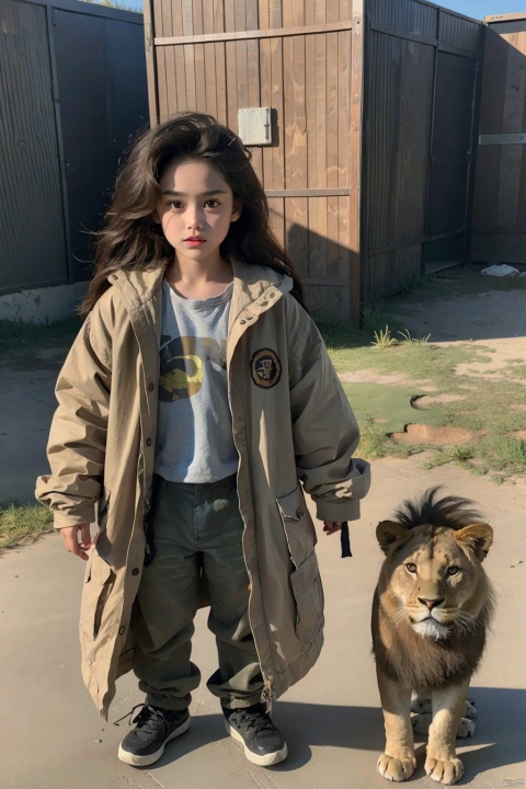 A child in a post-apocalyptic scenario along with a lion, facing some evil shadows.