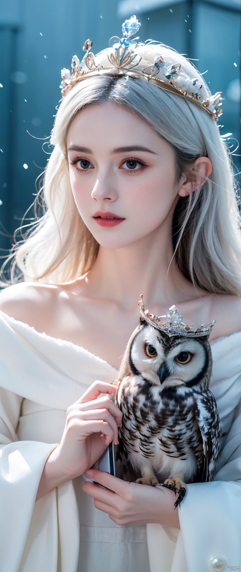 a close up of a person holding a owl on a cell phone, pale snow white skin, white witch, anna nikonova aka newmilky, with an owl on her shoulder, winter princess, 4k hd. snow white hair, beautiful animal pearl queen, karol bak of emma watson nun, owl crown, queen of winter, owl princess with crown
