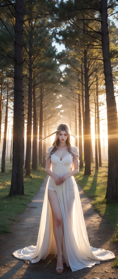 （need,tmasterpiece）,1girlhugebreasts,Long sword in hand,are standing,Look ahead,The aura of the halo,White hair,Black eyes ,（cloudless sky,smog,Pillar of light,Huge dead tree background）,Deep tree holes,Shadows are clear,The colors are natural,Beautiful painting masterpiece,