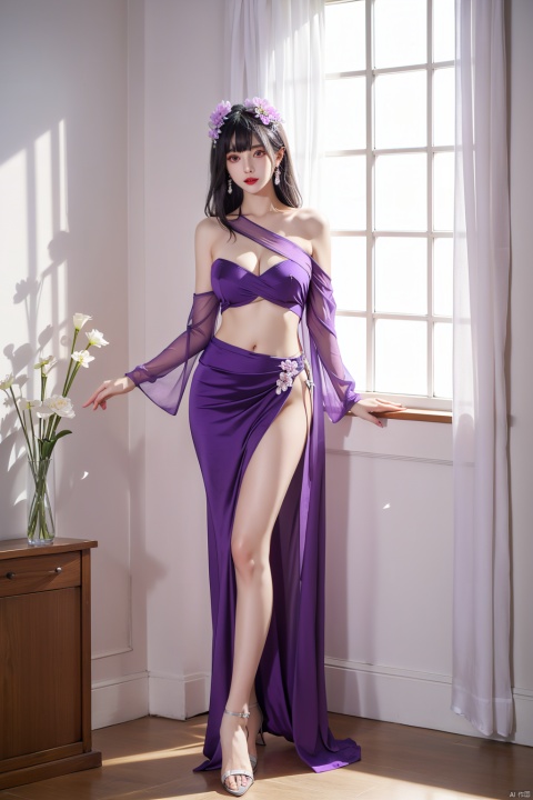1girl, breasts, high heels, solo, large breasts, cleavage, long hair, flower, see-through, indoors, hair ornament, looking at viewer, petals, bare shoulders, chair, white hair, window, curtains, full body, vase, skirt, pink flower, jewelry, standing, purple eyes, dress, pelvic curtain, navel, parted bangs, thighs, clothing cutout, detached sleeves, bare legs, collarbone, parted lips, long sleeves, legs, standing on one leg, xiaoyixian