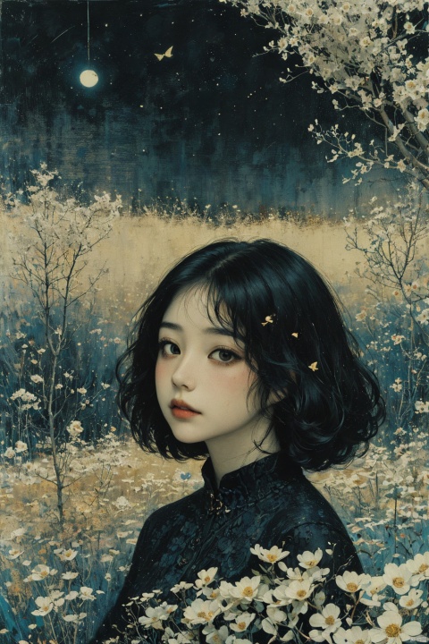  abstract art, (style of Yuko Shimizu:1.3), (black theme:1.1), gold theme, golden butterflies, dark stars, 1girl, field of white flowers, , facing viewer
, mLD