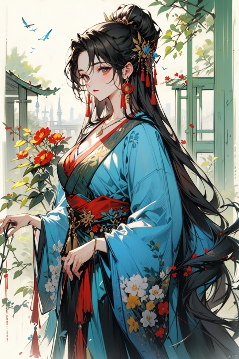  (best quality,masterpiece, original, extremely detailed 8K wallpaper)((absurdres)),(ultra-detailed),East Hanfu girl, voluptuous figure, golden earrings, golden necklace, photo style, clear details, wooden background, complete tags, happy sunshine, stylish, clothing., girl, zanhua, HUBG_Rococo_Style(loanword), meinv