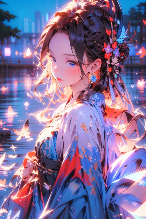  （Best quality,masterpiece.）Super cute girl flower dream, movie lighting, wide angle and super details, 8k Hanfu silk, covered in magpie patterns, bright colors, bright lighting, high details., zanhua, girl, meinv